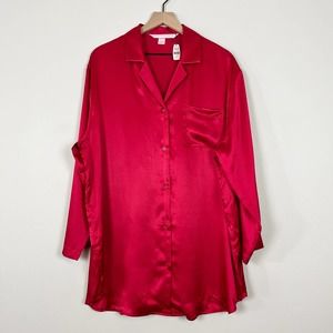 Victoria's Secret Satin Red Button Down Pink Label Sleep Shirt NWT Size L